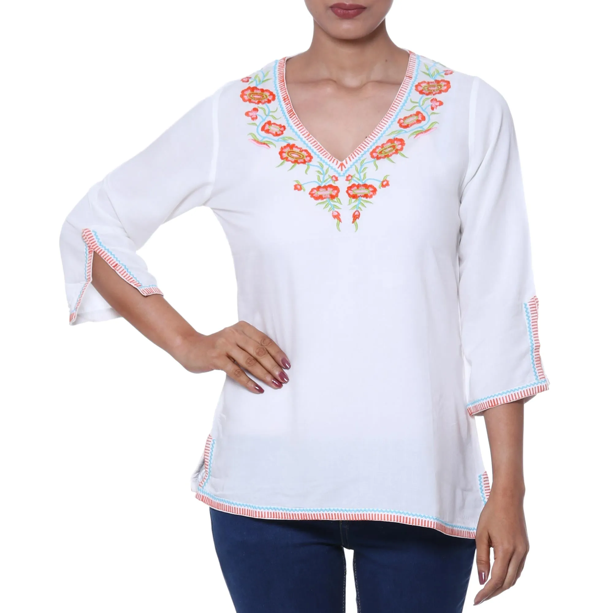 Viscose Tunic with Orange Floral Embroidery from India - Floral Burst | NOVICA