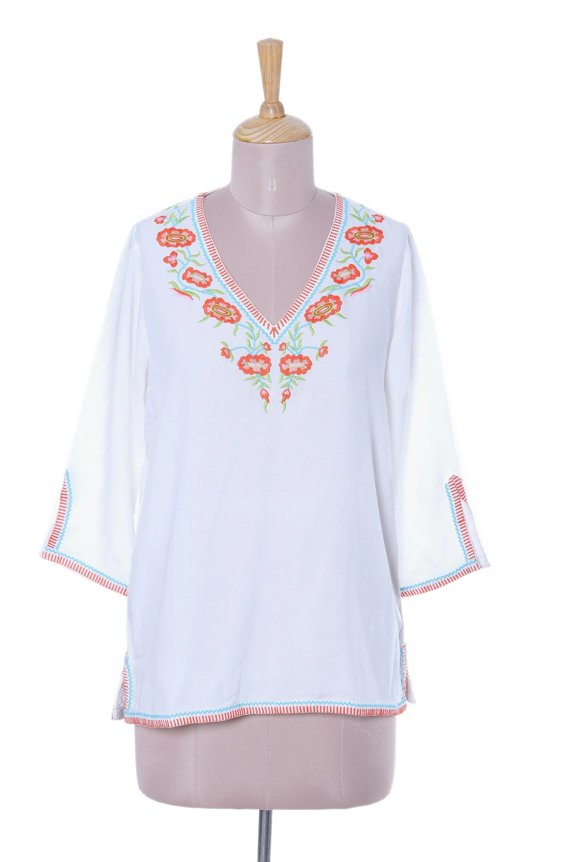 Viscose Tunic with Orange Floral Embroidery from India - Floral Burst | NOVICA