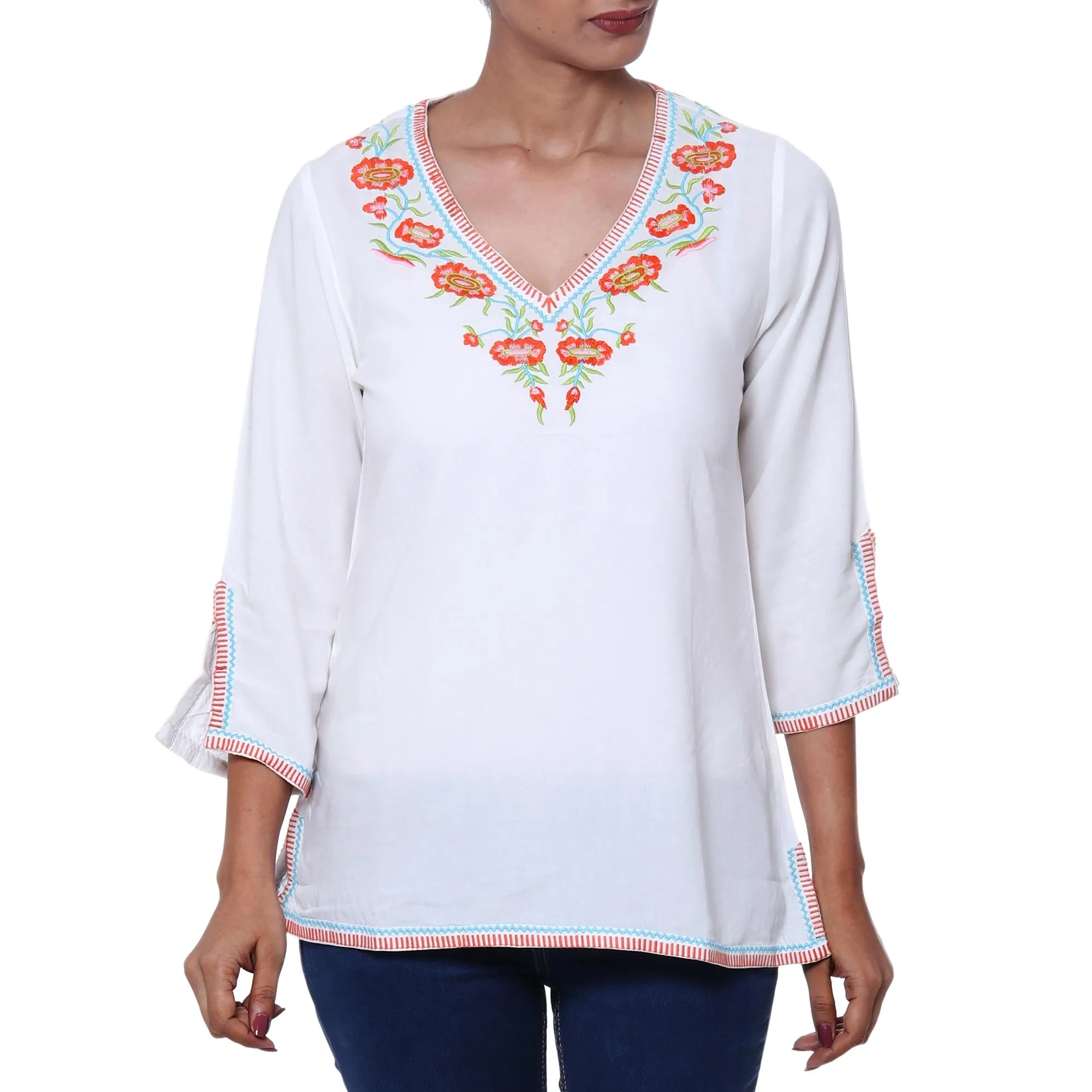 Viscose Tunic with Orange Floral Embroidery from India - Floral Burst | NOVICA