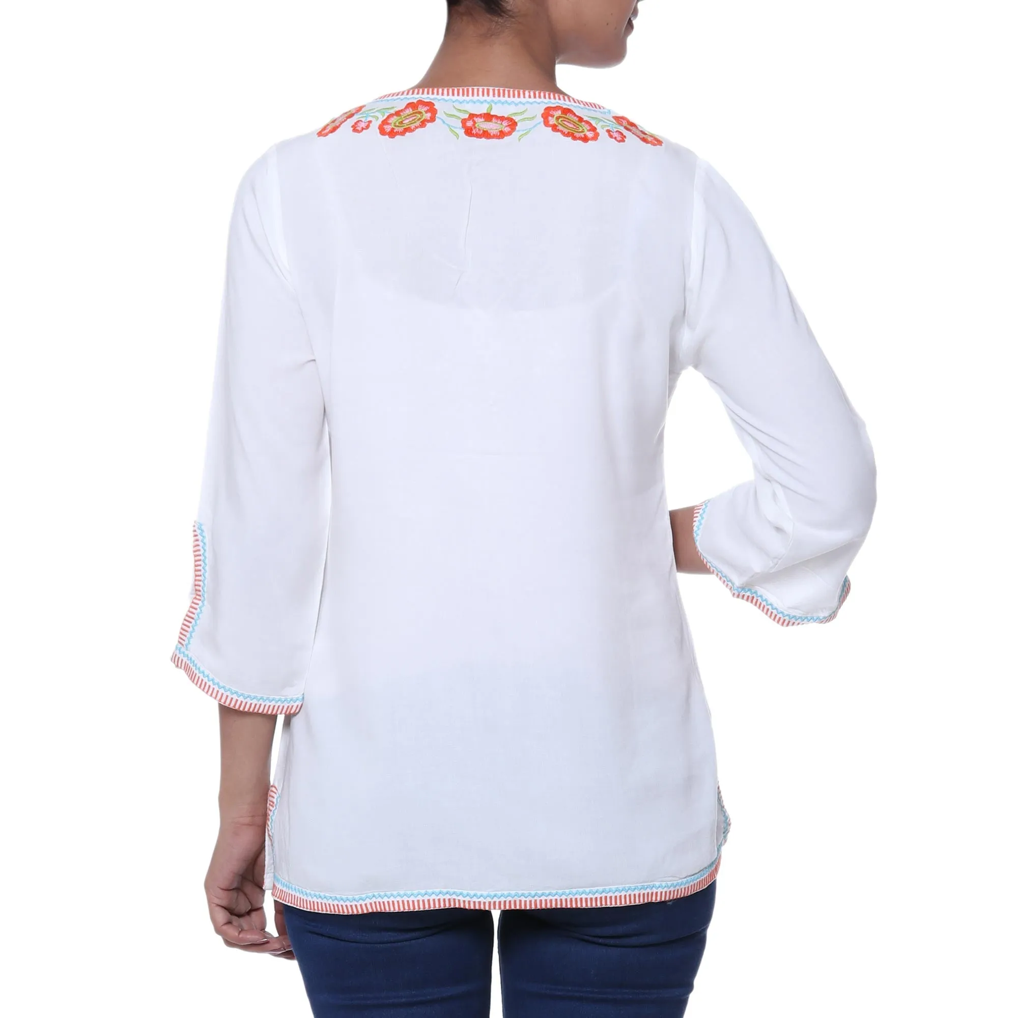 Viscose Tunic with Orange Floral Embroidery from India - Floral Burst | NOVICA