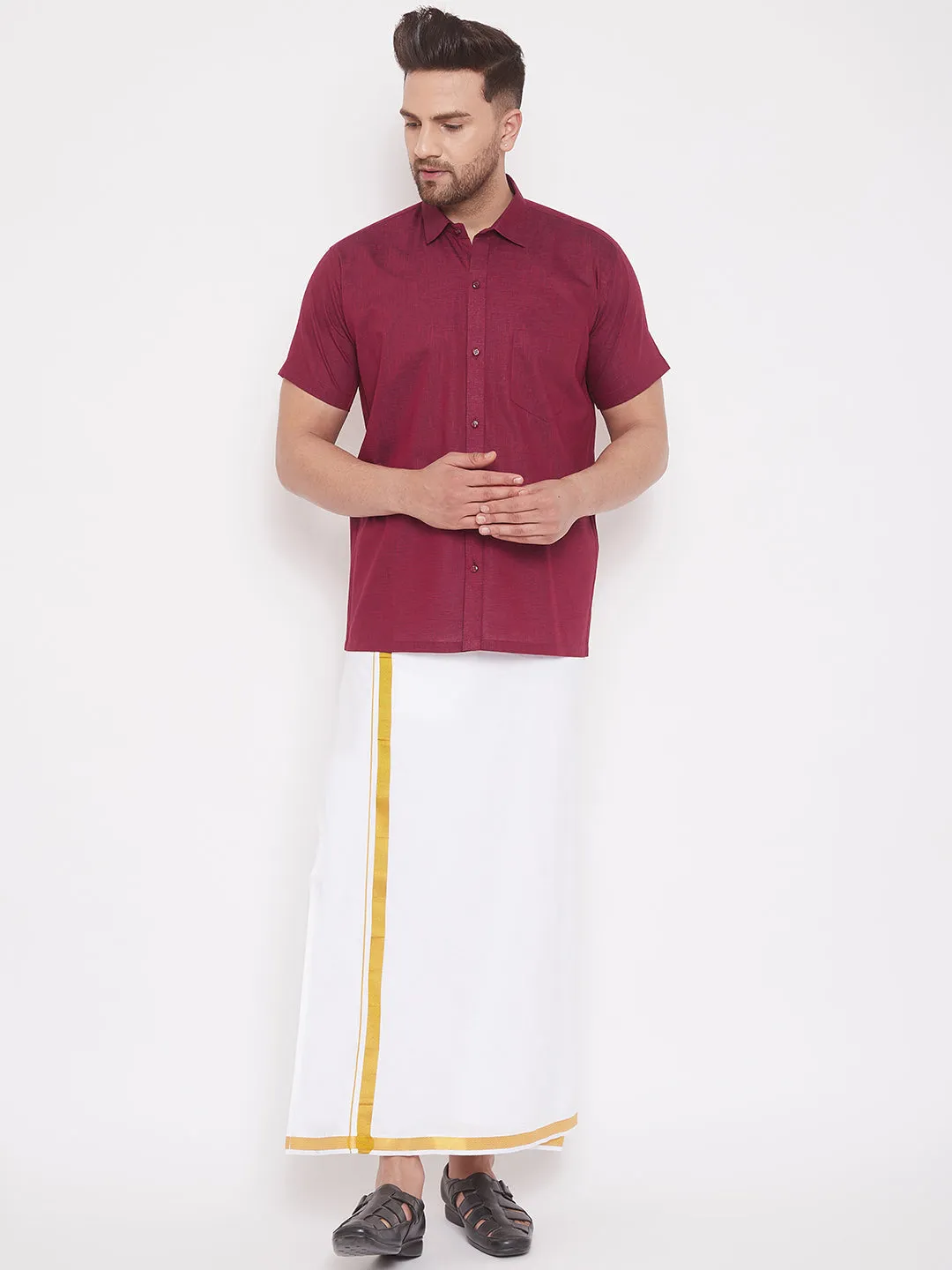 VM By VASTRAMAY Men's Maroon and White Cotton Blend Shirt And Mundu Set