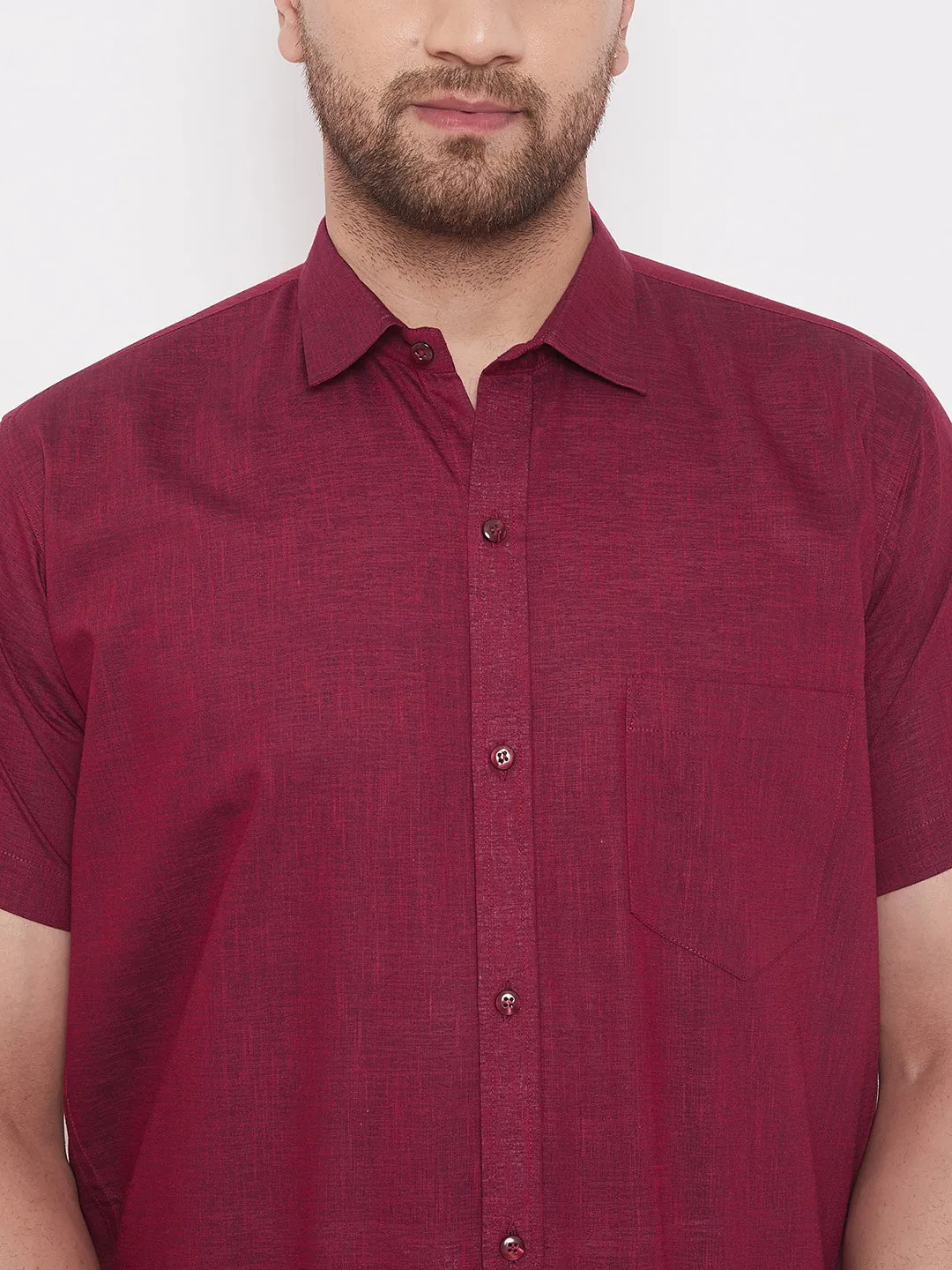 VM By VASTRAMAY Men's Maroon and White Cotton Blend Shirt And Mundu Set