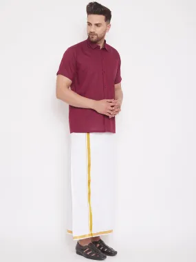 VM By VASTRAMAY Men's Maroon and White Cotton Blend Shirt And Mundu Set