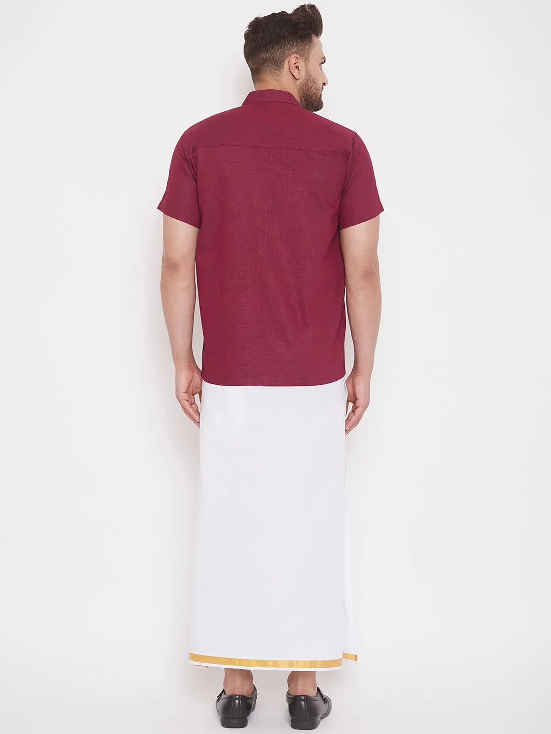 VM By VASTRAMAY Men's Maroon and White Cotton Blend Shirt And Mundu Set