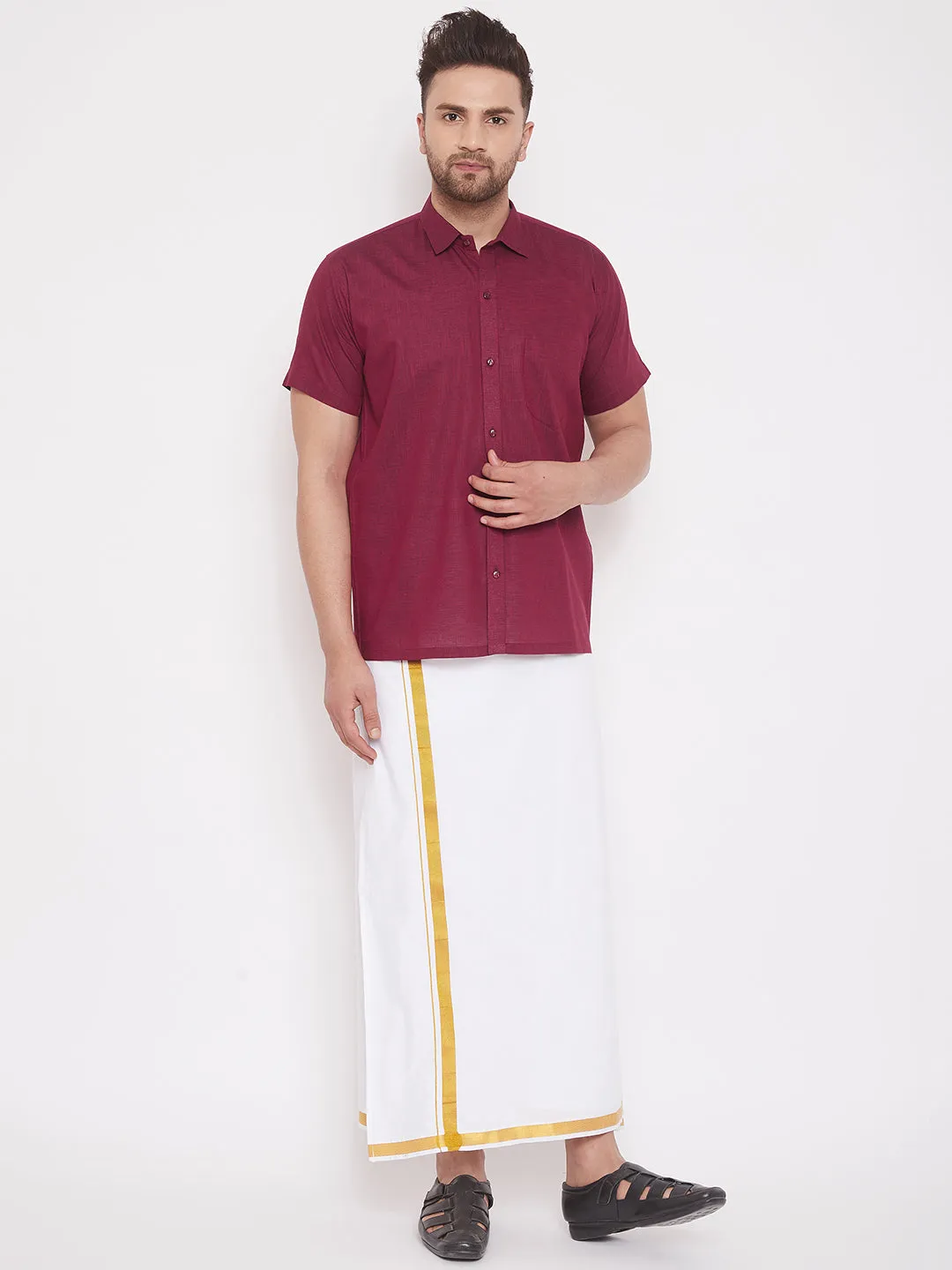 VM By VASTRAMAY Men's Maroon and White Cotton Blend Shirt And Mundu Set