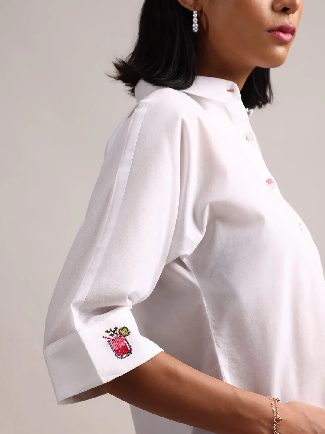 White Cotton Solid Shirt Style Top  - By Janasya