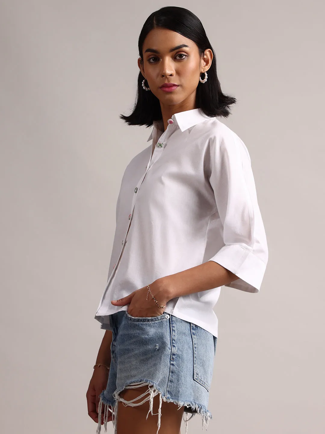 White Cotton Solid Shirt Style Top  - By Janasya