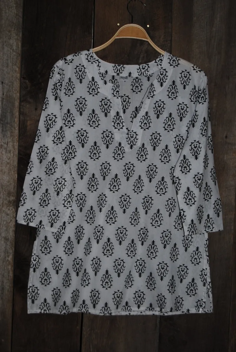 White Cotton Tunic Top and Black Print