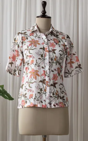 White Foilage Block Print Boxy Shirt