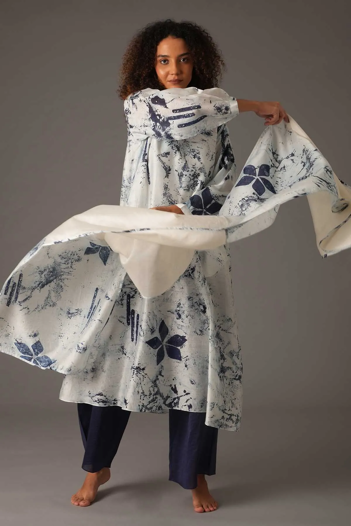 White Printed Flared Kurta Set