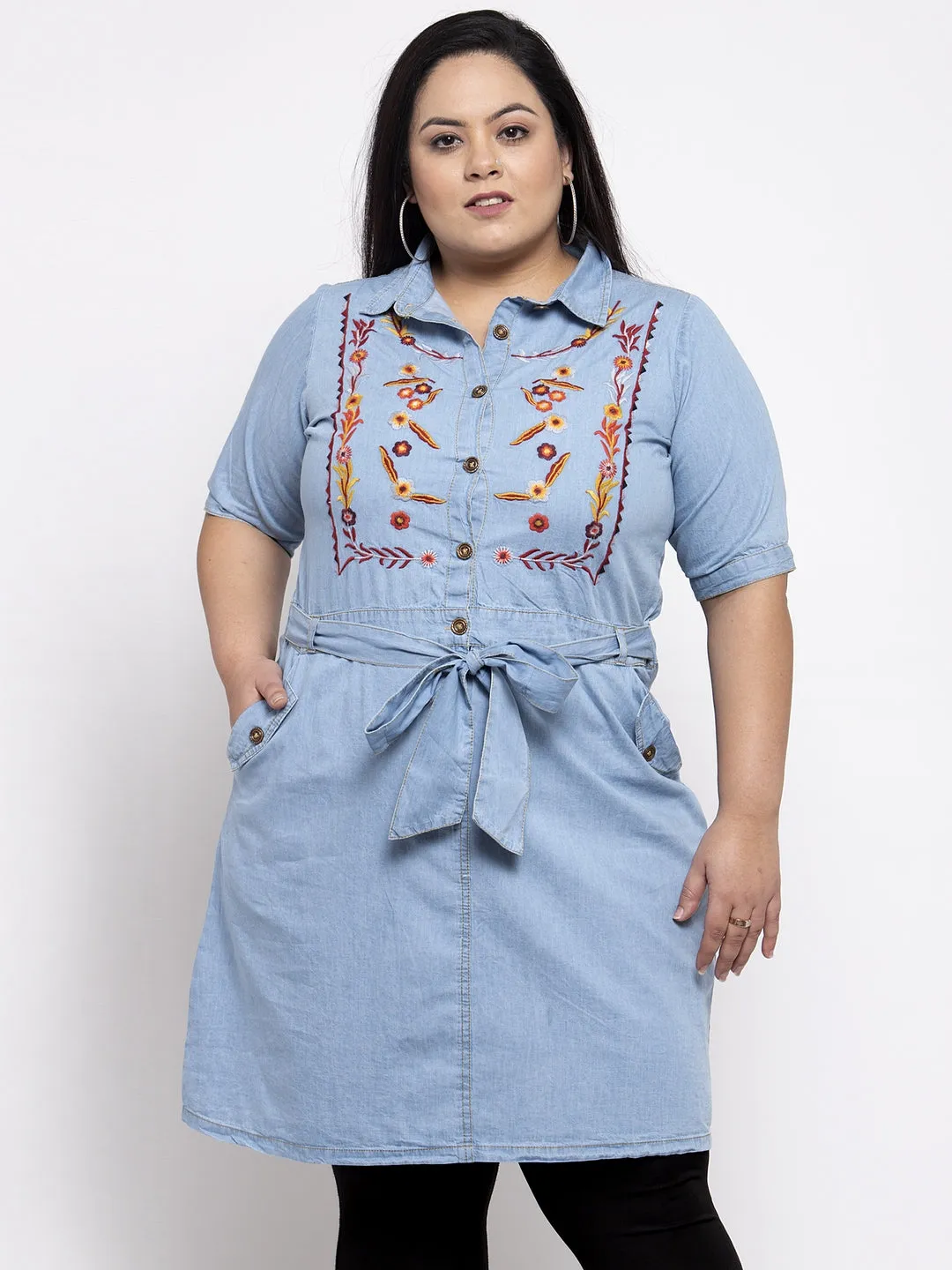 Women Blue & Orange Embroidered Tunic
