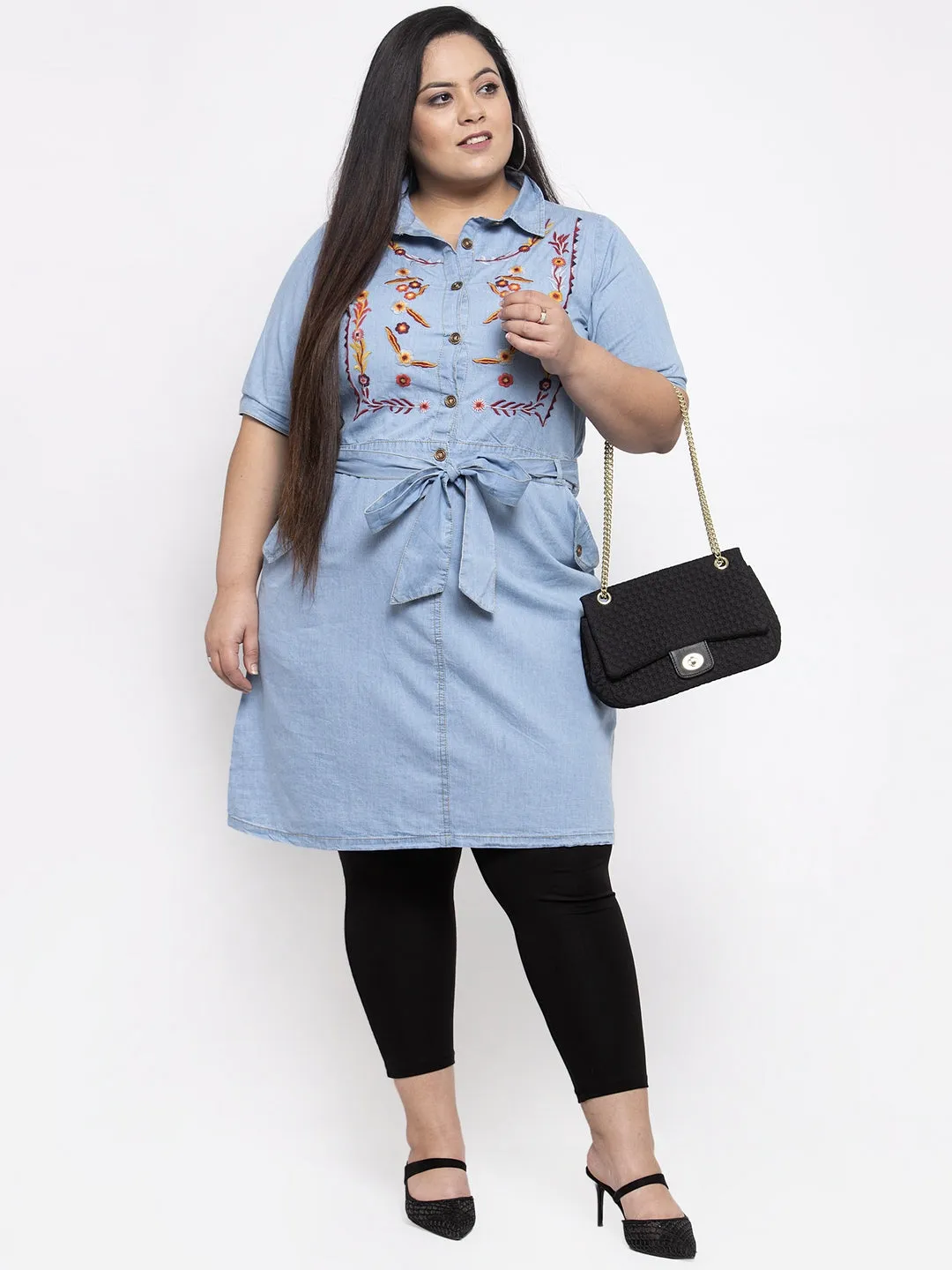 Women Blue & Orange Embroidered Tunic