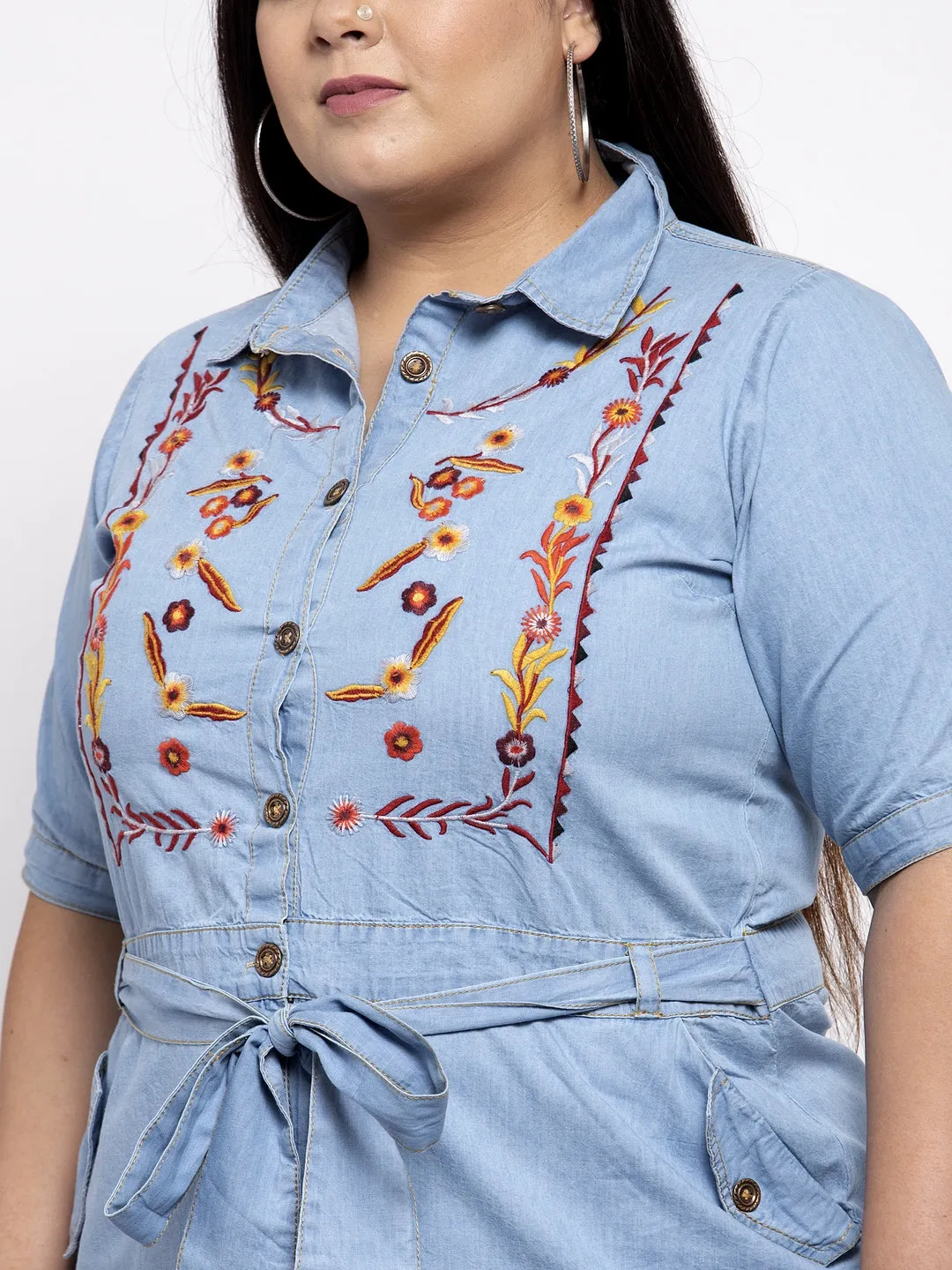 Women Blue & Orange Embroidered Tunic