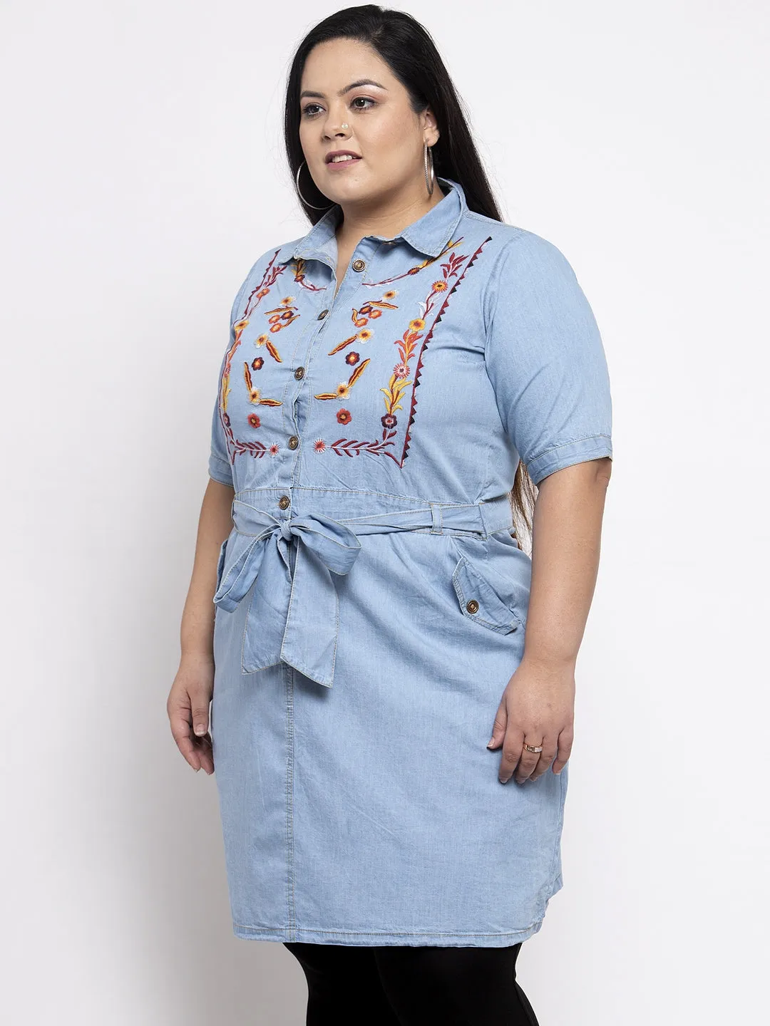 Women Blue & Orange Embroidered Tunic
