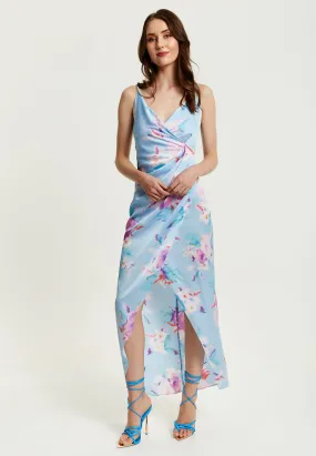 Women's Maxi Dress with Side Tie, Floral Print, Maxi Length, Sleeveless in Blue - Liquorish