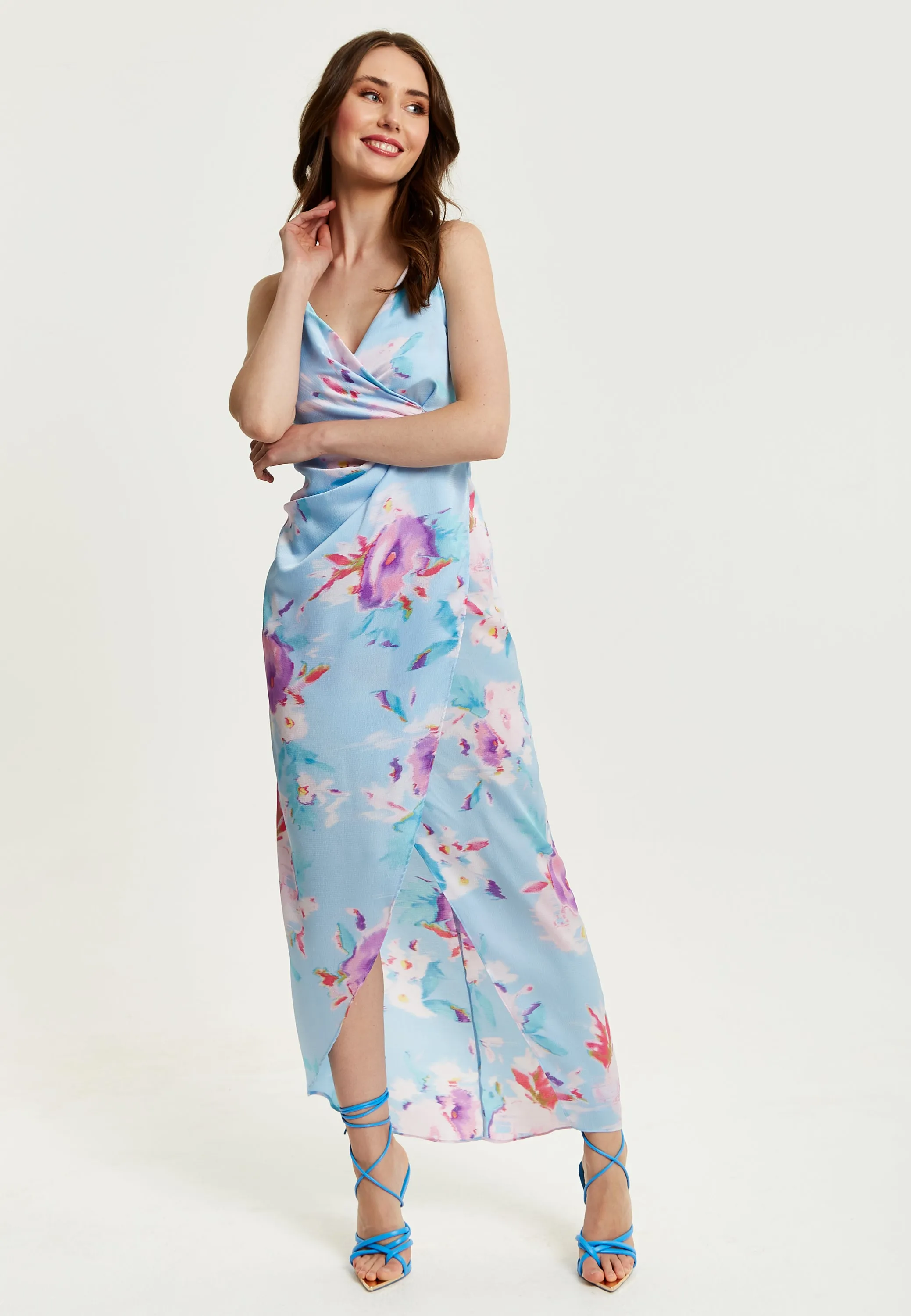 Women's Maxi Dress with Side Tie, Floral Print, Maxi Length, Sleeveless in Blue - Liquorish