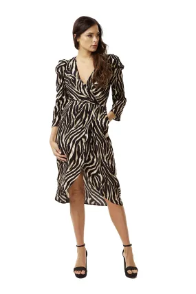 Women's Midi Wrap Dress in Zebra Print with Long Sleeves - Stylish Crossover Design for Every Occasion - Liquorish