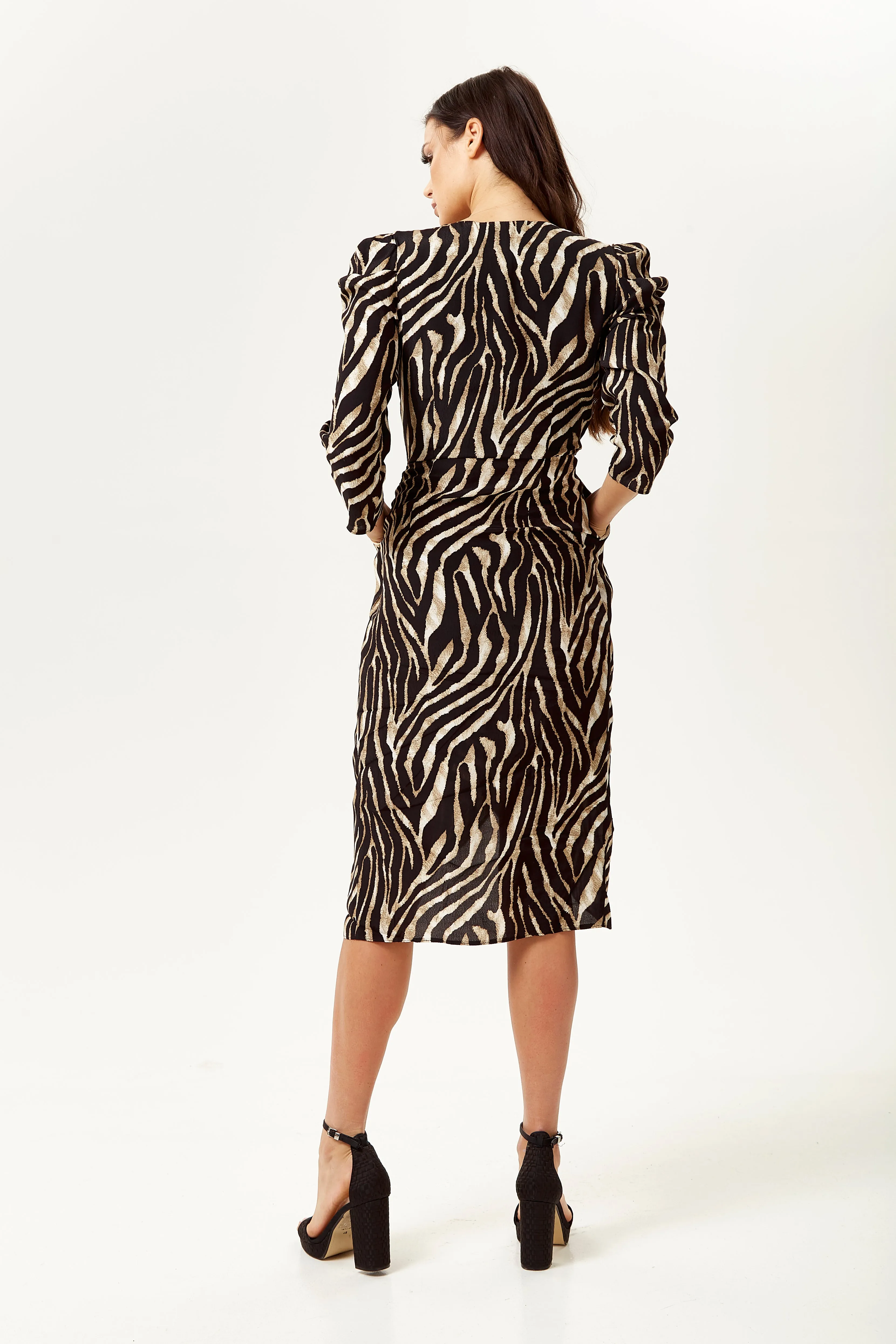 Women's Midi Wrap Dress in Zebra Print with Long Sleeves - Stylish Crossover Design for Every Occasion - Liquorish