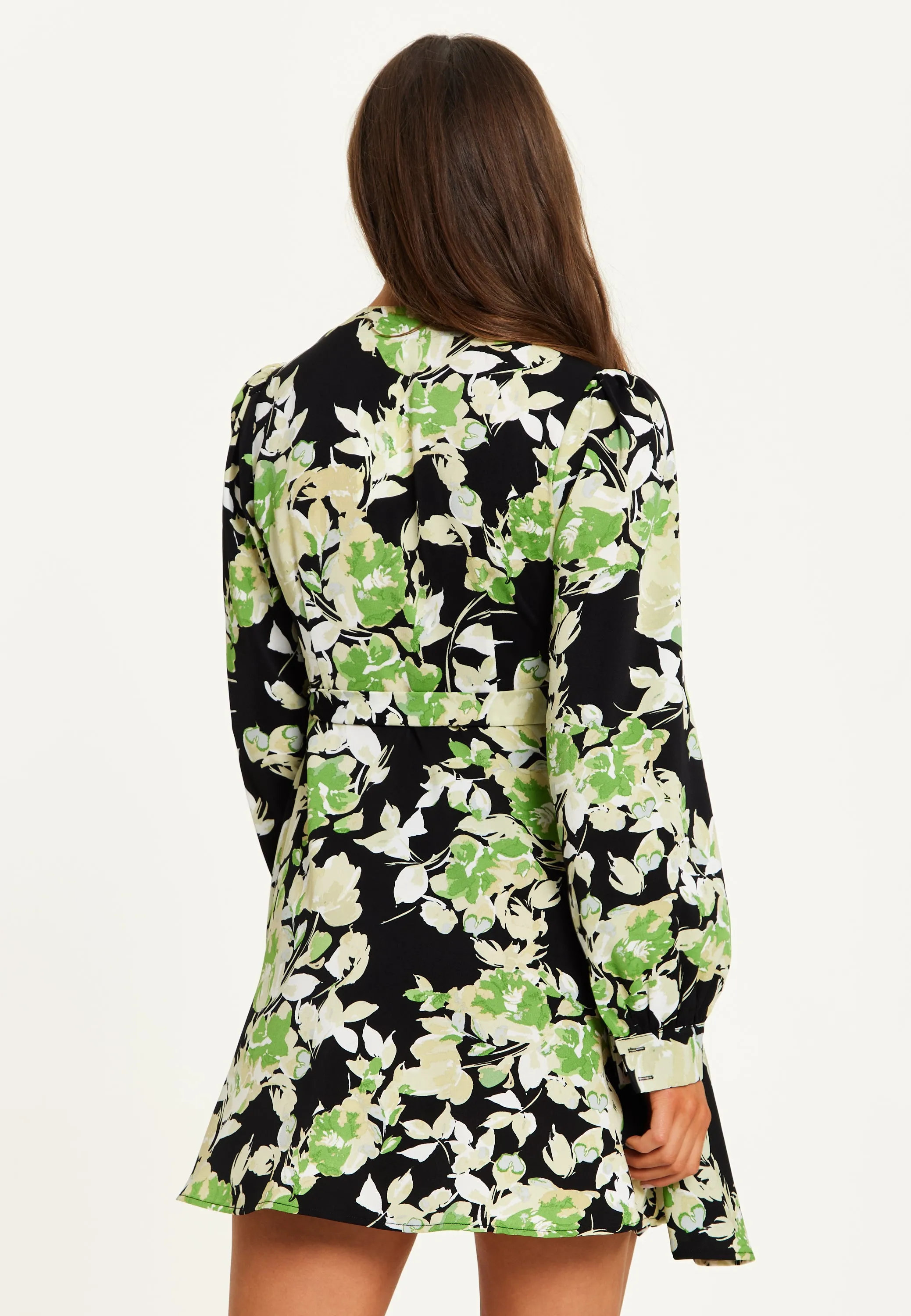 Women's Mini Dress in Black with Long Sleeves and Green Floral Print Wrap Style - Liquorish