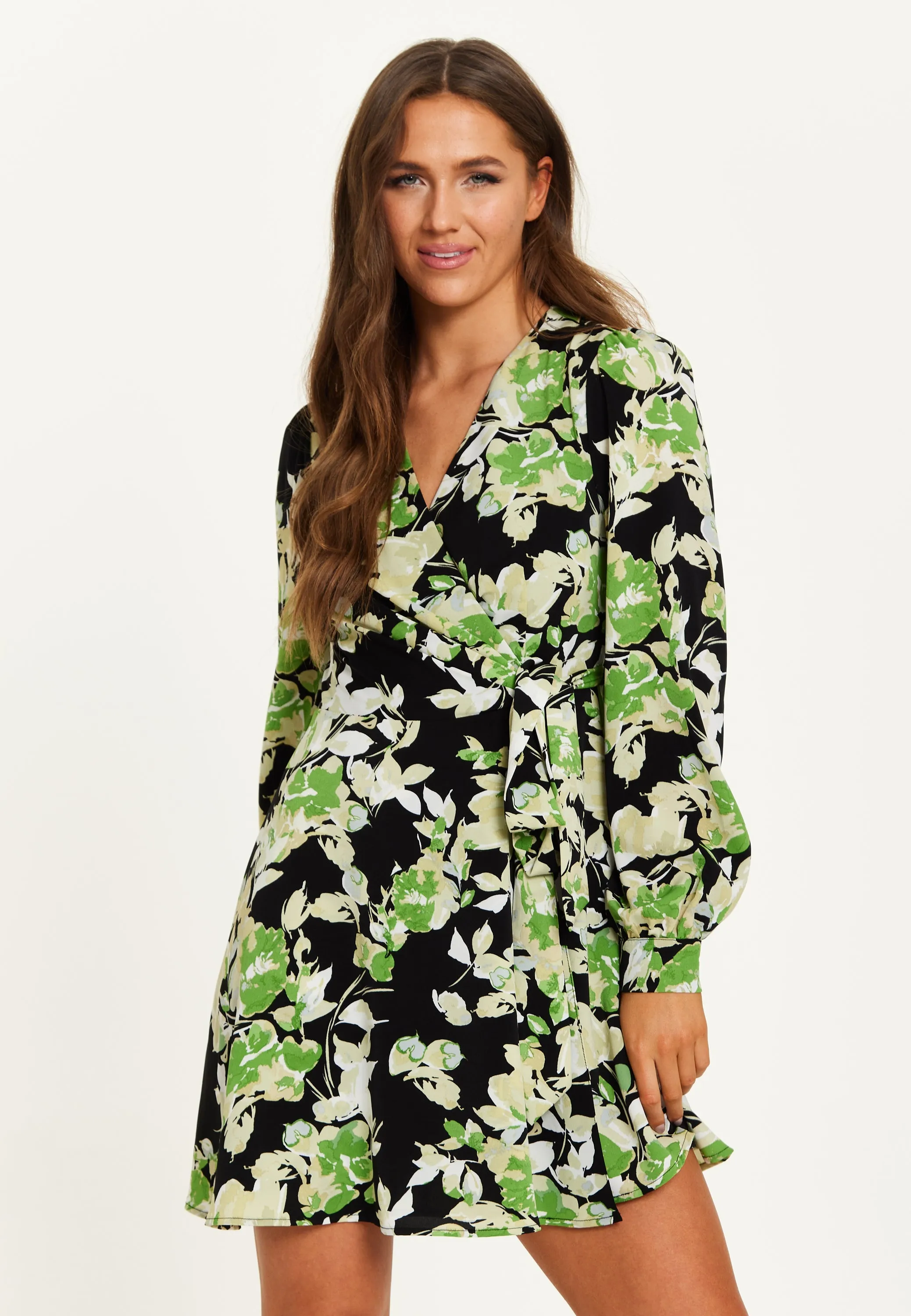 Women's Mini Dress in Black with Long Sleeves and Green Floral Print Wrap Style - Liquorish