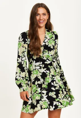 Women's Mini Dress in Black with Long Sleeves and Green Floral Print Wrap Style - Liquorish