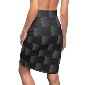 Womens Pencil Skirt, High Waist Stretch, 3D Black Squares