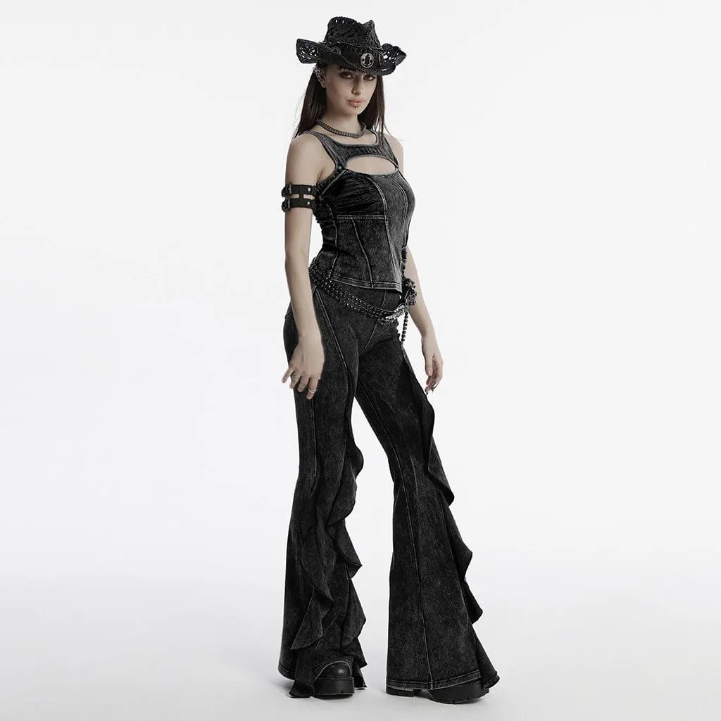Women's Punk Ruffled Distressed Flared Pants