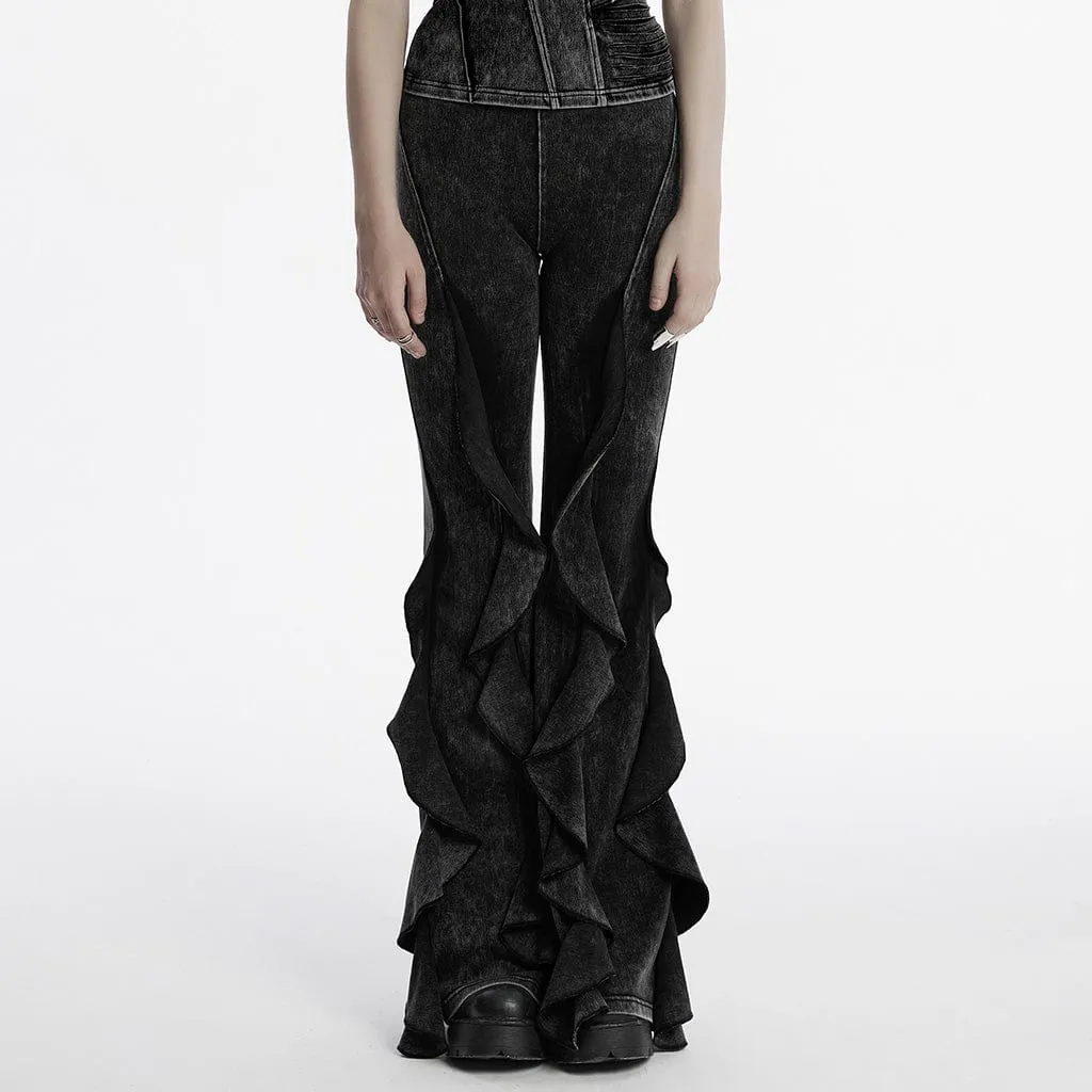 Women's Punk Ruffled Distressed Flared Pants