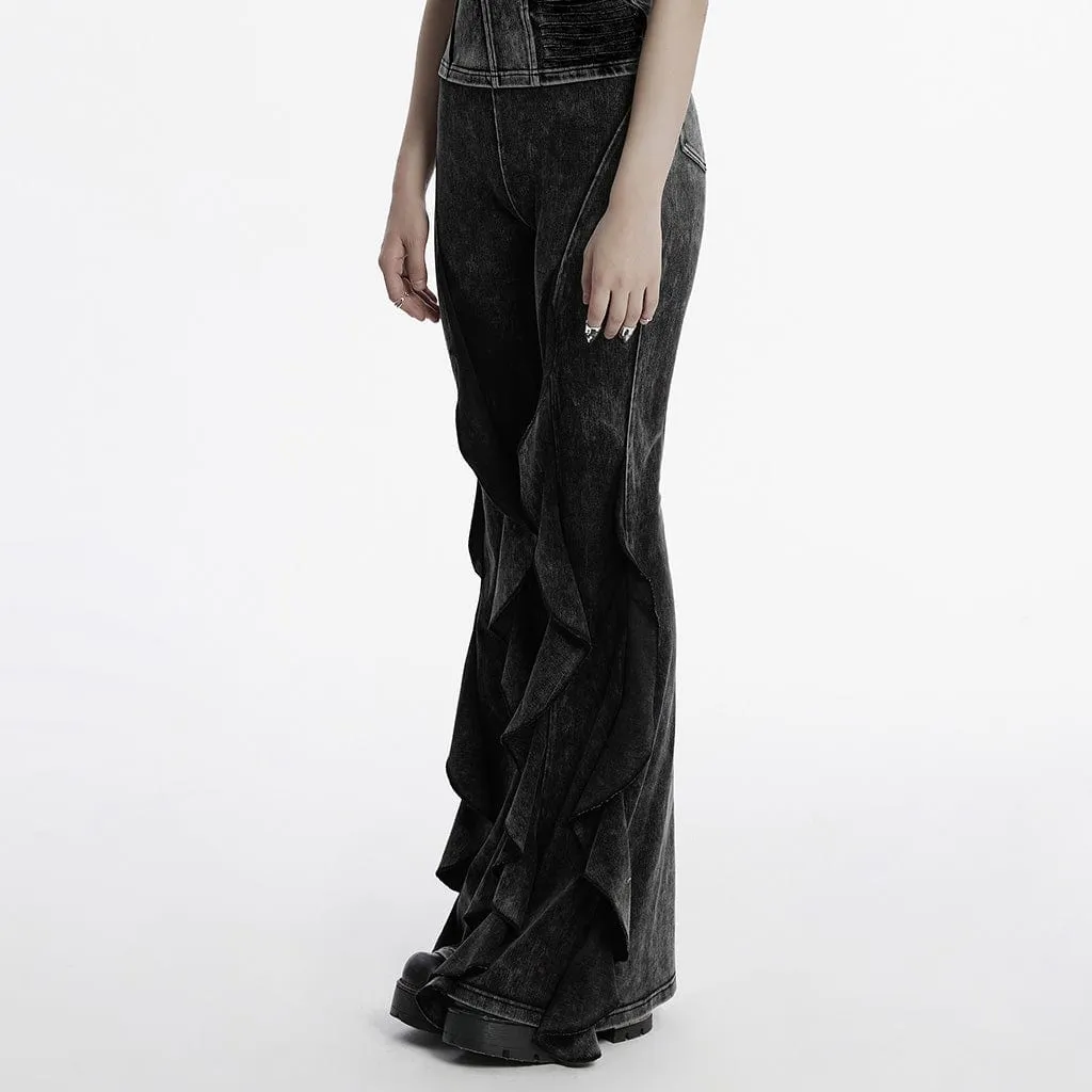 Women's Punk Ruffled Distressed Flared Pants