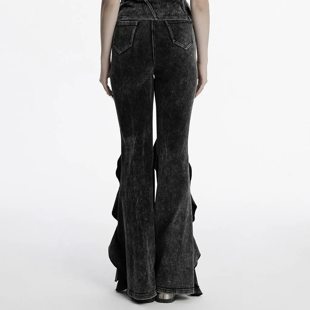 Women's Punk Ruffled Distressed Flared Pants