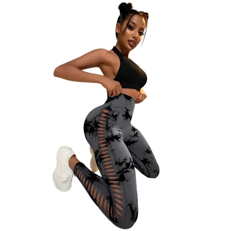 Women’s Sexy High-Waist Tie Dye Mesh Leggings - Hollow Out Yoga Pants Push-Up Gym Tights for Fitness & Running