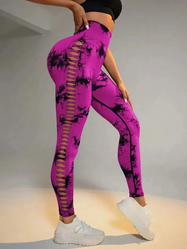 Women’s Sexy High-Waist Tie Dye Mesh Leggings - Hollow Out Yoga Pants Push-Up Gym Tights for Fitness & Running