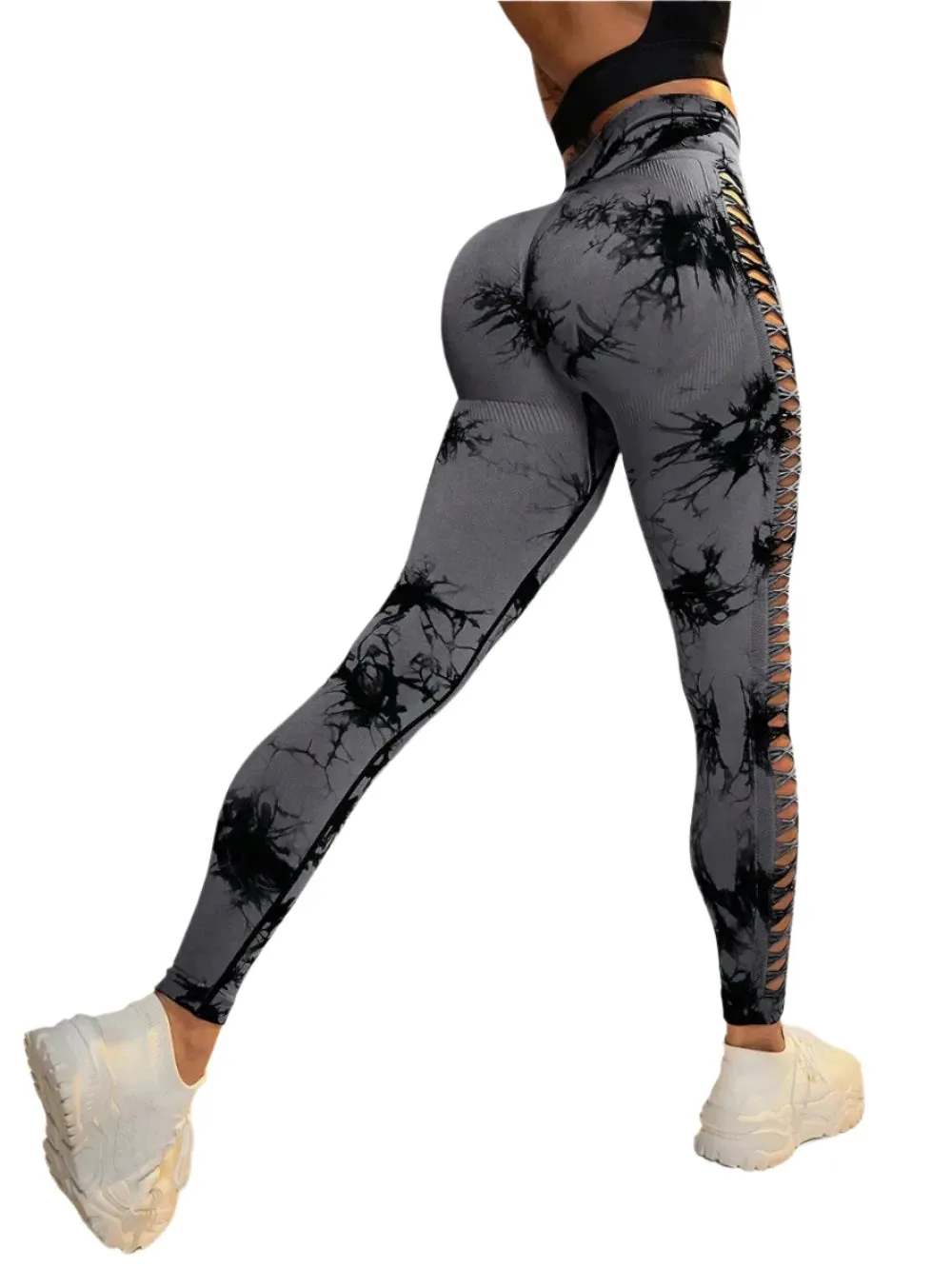 Women’s Sexy High-Waist Tie Dye Mesh Leggings - Hollow Out Yoga Pants Push-Up Gym Tights for Fitness & Running