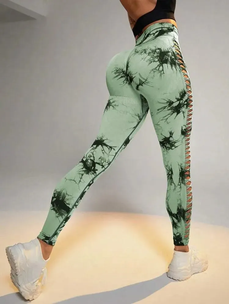 Women’s Sexy High-Waist Tie Dye Mesh Leggings - Hollow Out Yoga Pants Push-Up Gym Tights for Fitness & Running