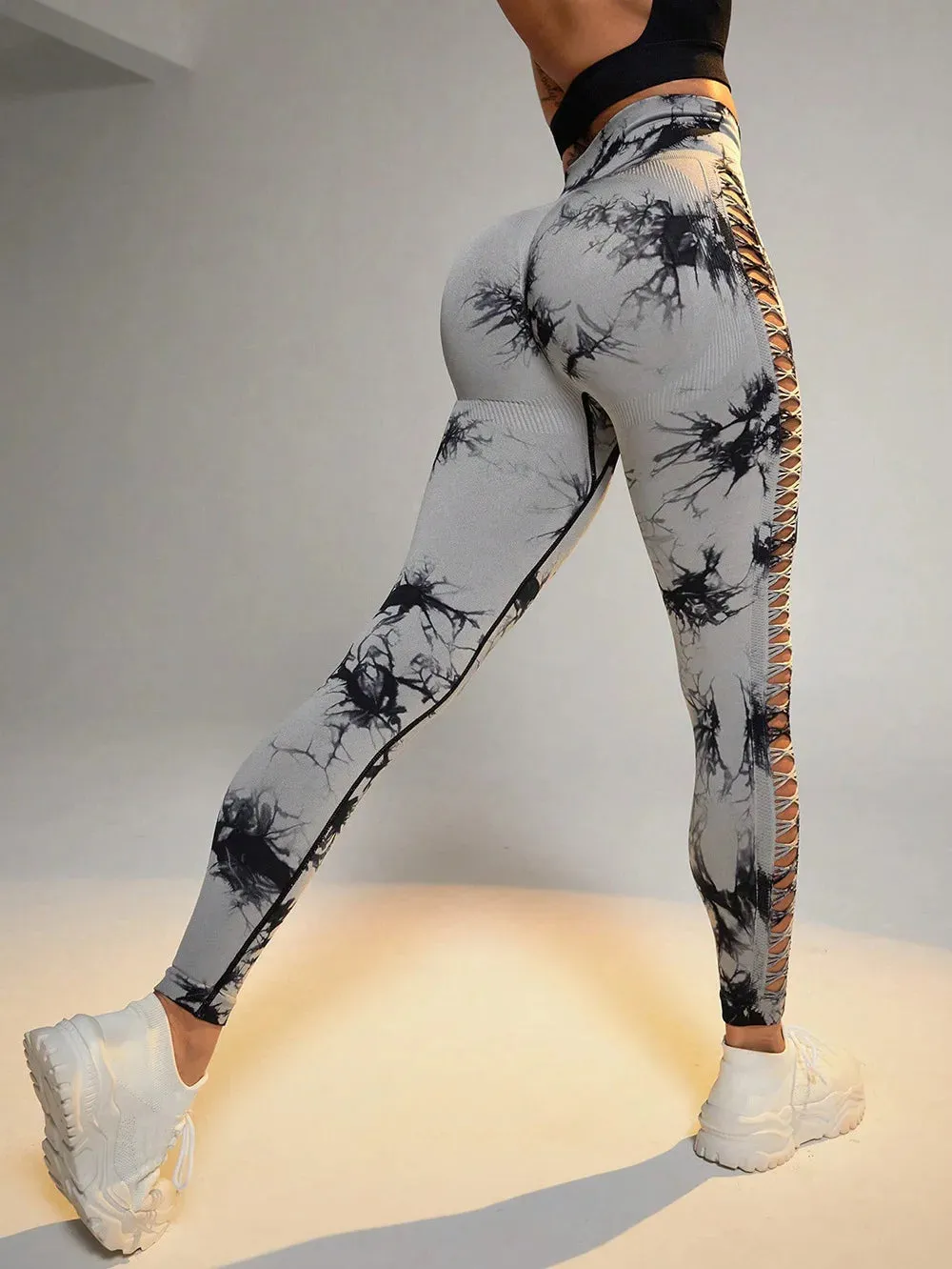Women’s Sexy High-Waist Tie Dye Mesh Leggings - Hollow Out Yoga Pants Push-Up Gym Tights for Fitness & Running