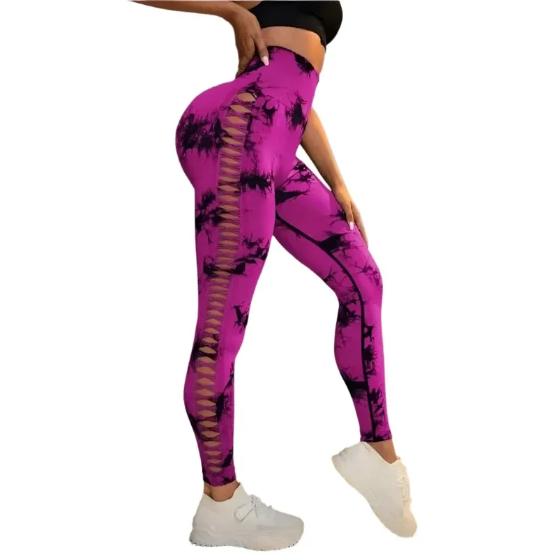 Women’s Sexy High-Waist Tie Dye Mesh Leggings - Hollow Out Yoga Pants Push-Up Gym Tights for Fitness & Running