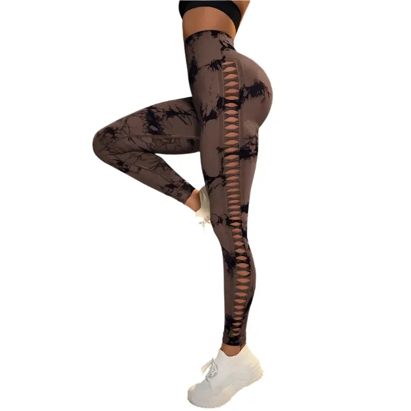 Women’s Sexy High-Waist Tie Dye Mesh Leggings - Hollow Out Yoga Pants Push-Up Gym Tights for Fitness & Running