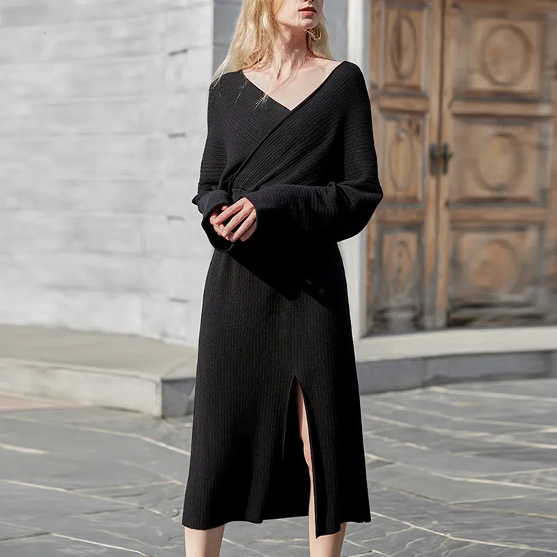 Women's Spring Asymmetrical V-Neck High-Waist Sweater Dress