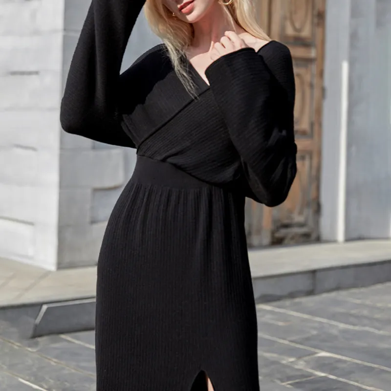 Women's Spring Asymmetrical V-Neck High-Waist Sweater Dress