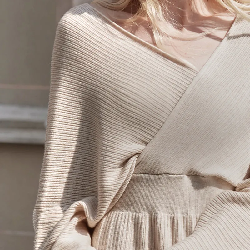 Women's Spring Asymmetrical V-Neck High-Waist Sweater Dress