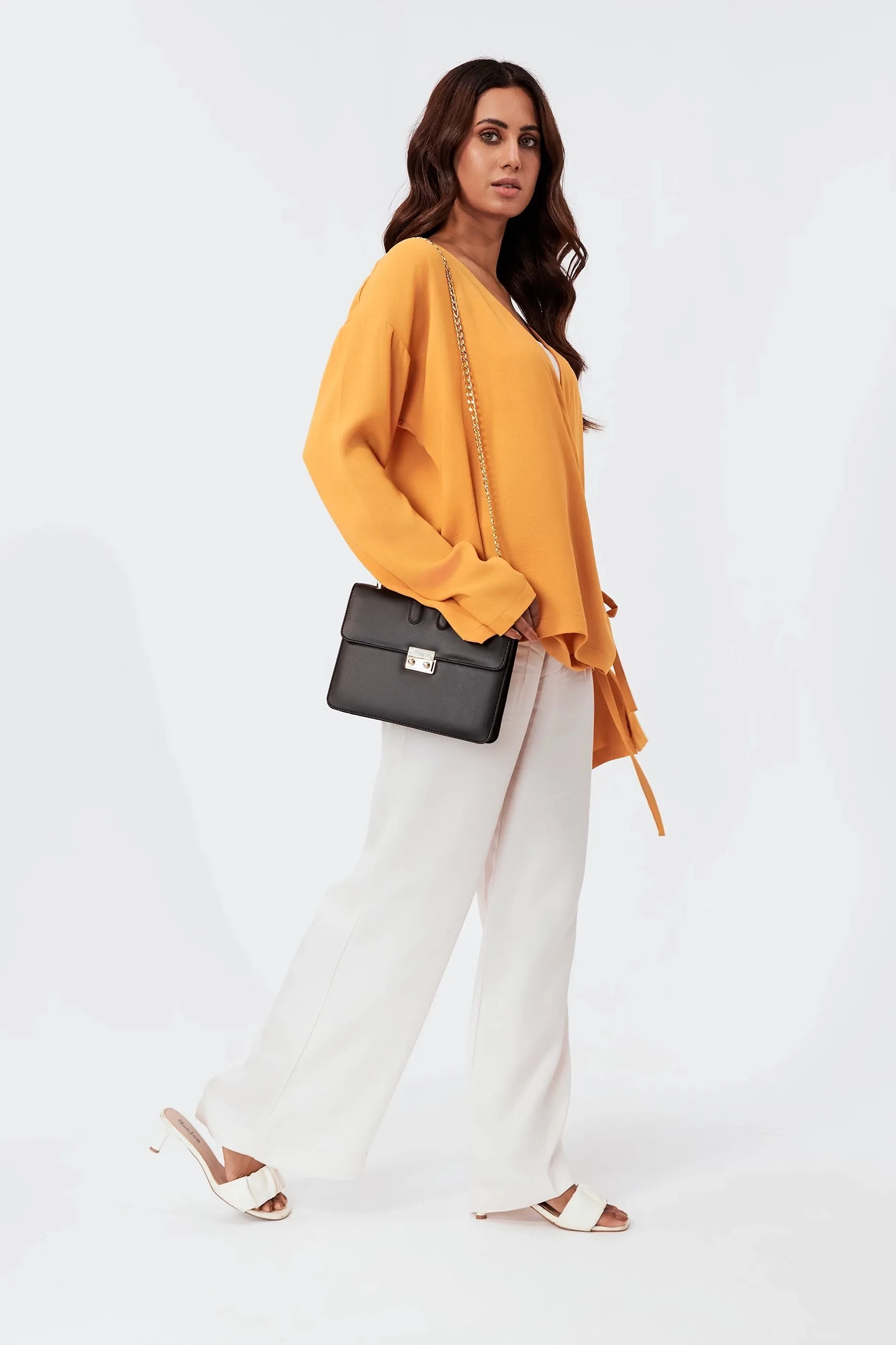 Women's Tie Waist Wrap Kimono Top Mustard