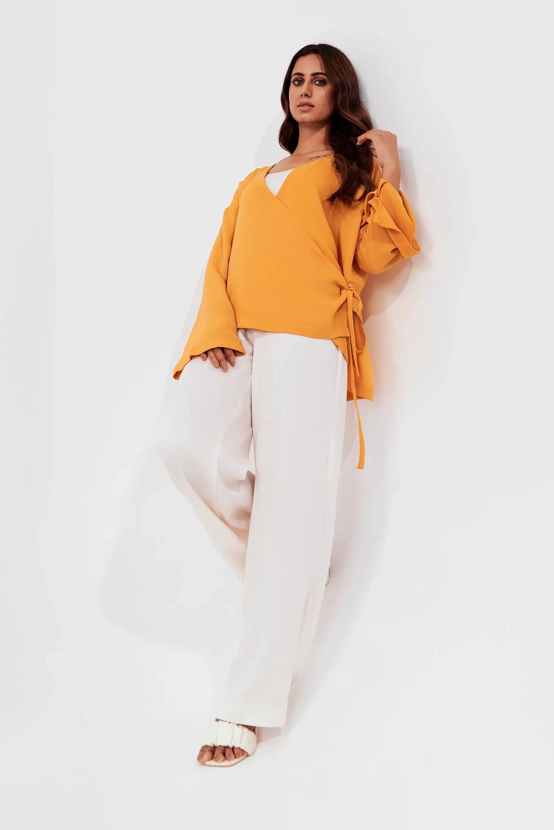 Women's Tie Waist Wrap Kimono Top Mustard
