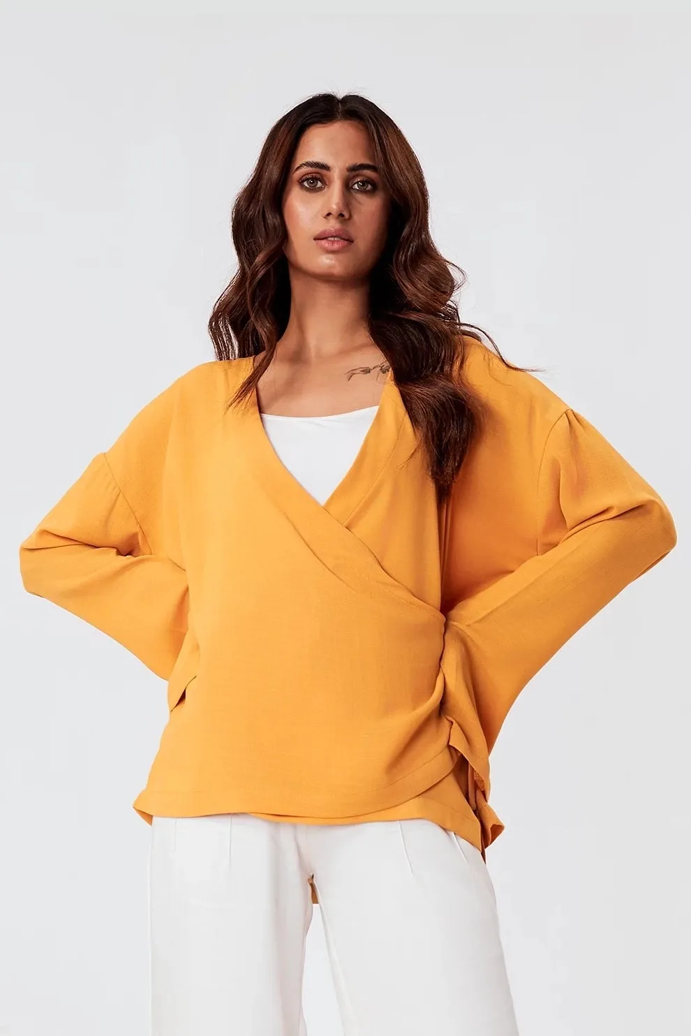 Women's Tie Waist Wrap Kimono Top Mustard