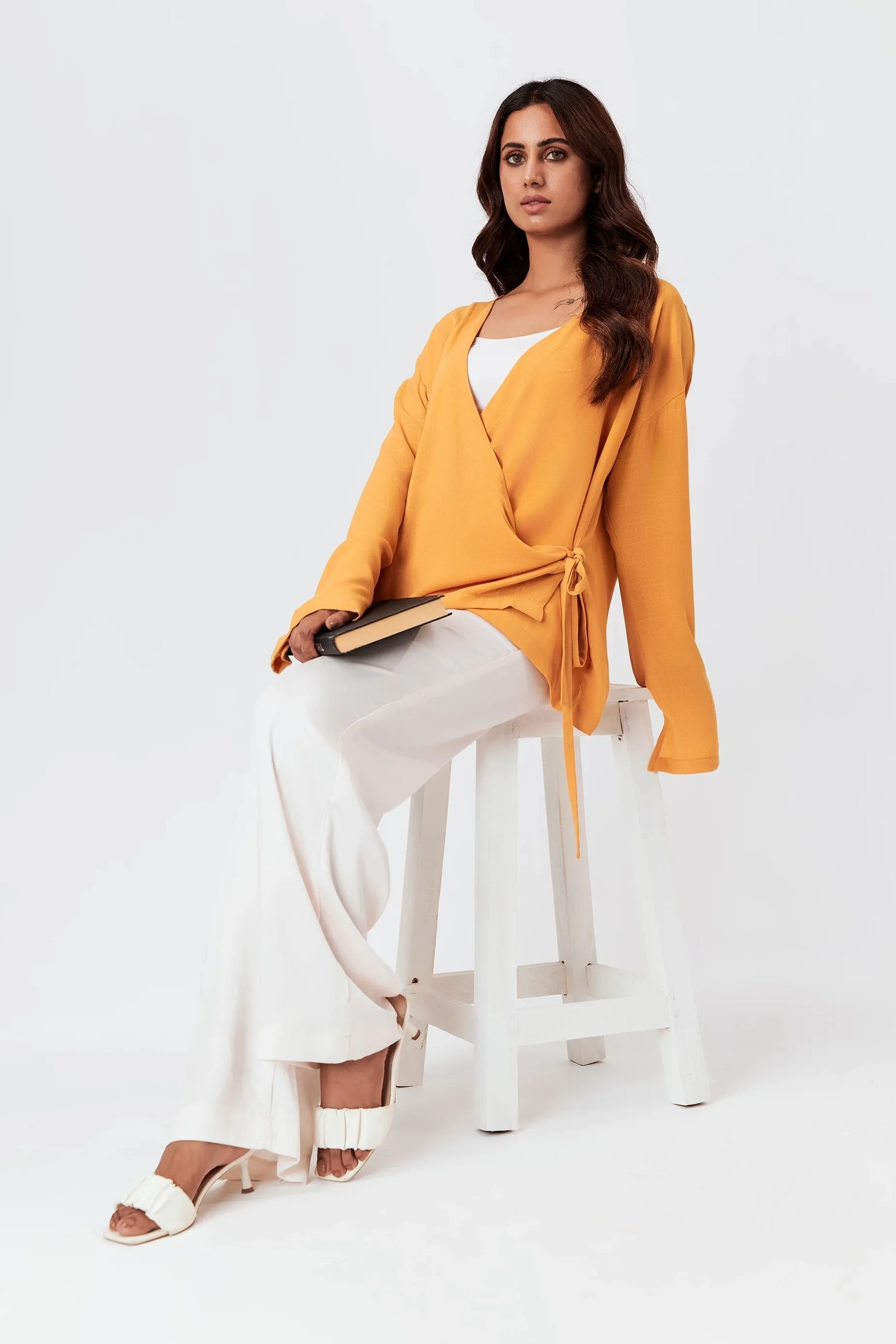Women's Tie Waist Wrap Kimono Top Mustard