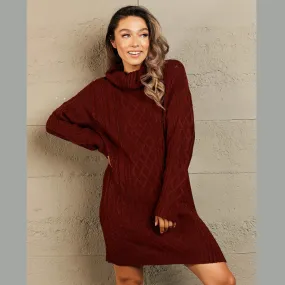 Woven Right Full Size Mixed Knit Cowl Neck Dropped Shoulder Sweater Dress