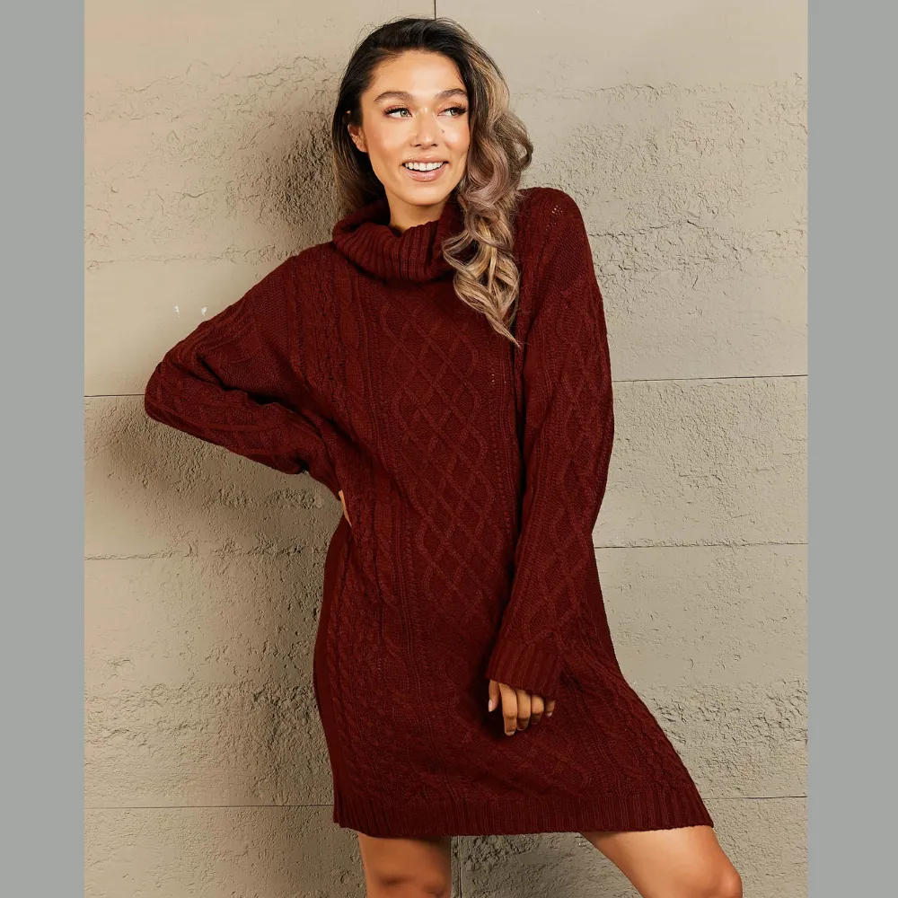 Woven Right Full Size Mixed Knit Cowl Neck Dropped Shoulder Sweater Dress