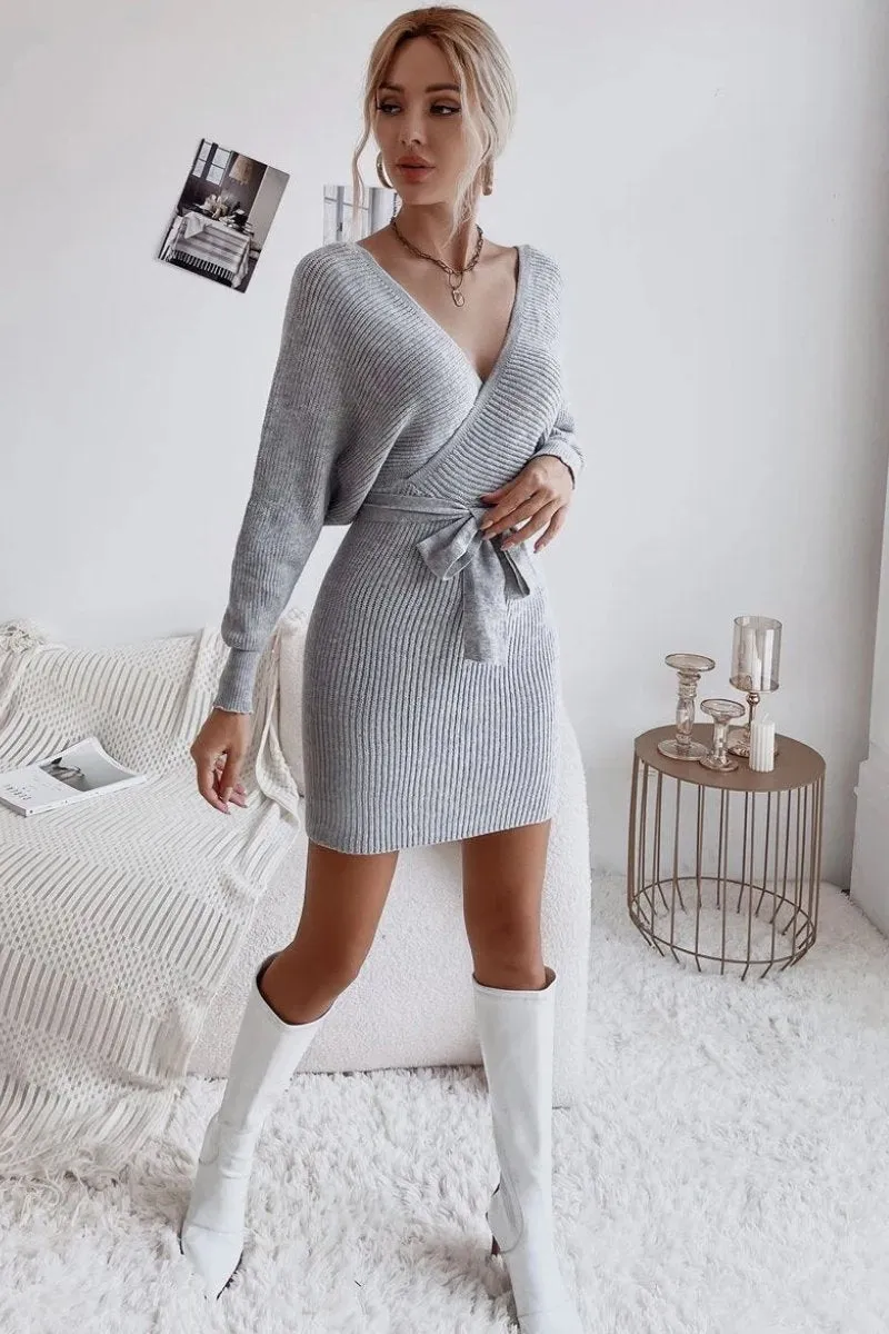 Wrap Batwing Sleeve Belted Cut Out Backless Sweater Dress