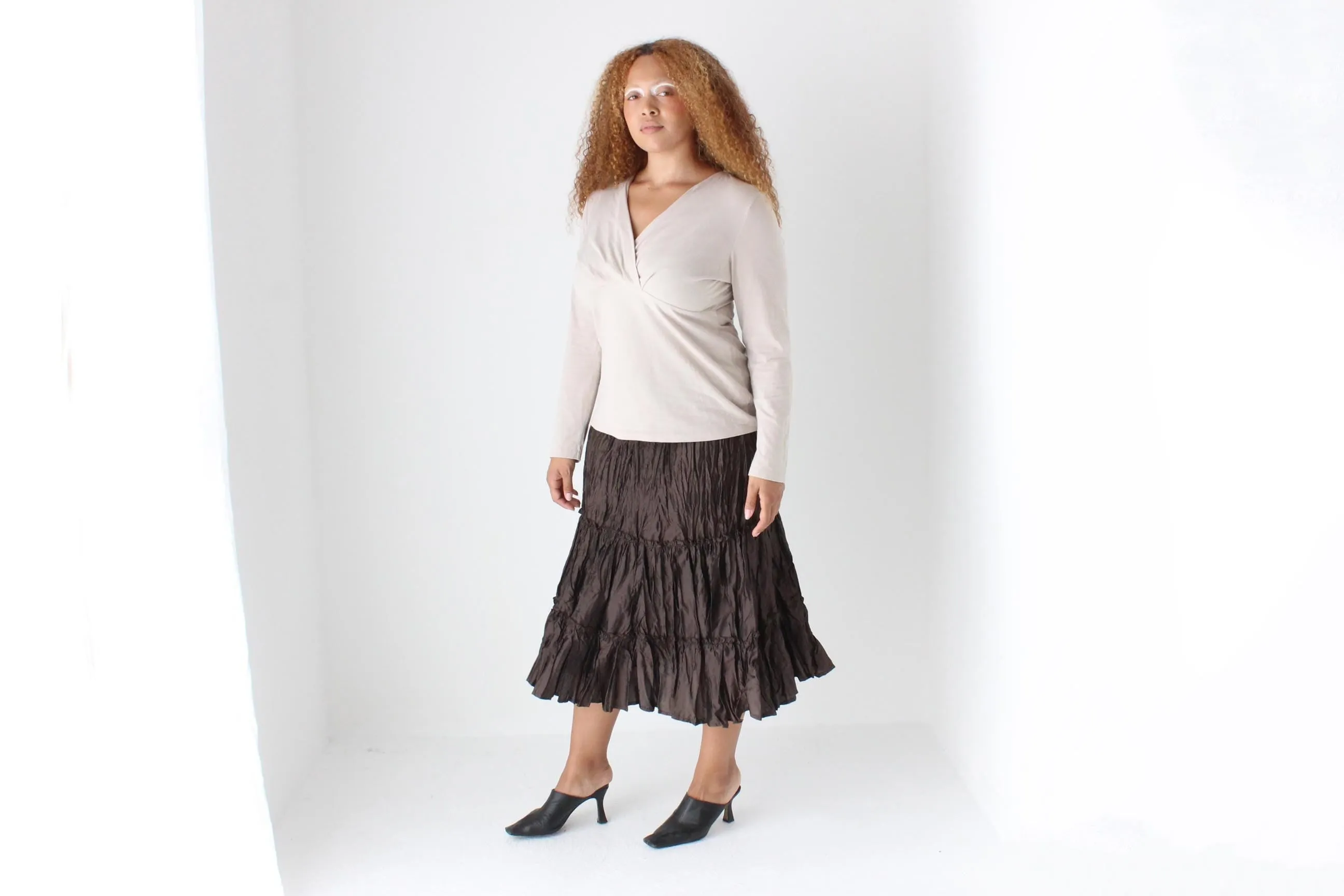 Y2K Metallic Crinkle Chocolate Skirt