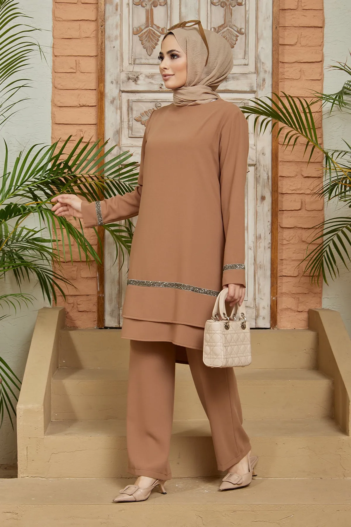 ZRF Women Stone Detailed Tunic Pants Set - Camel - Bucha