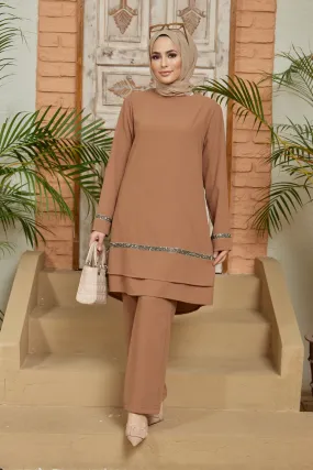 ZRF Women Stone Detailed Tunic Pants Set - Camel - Bucha
